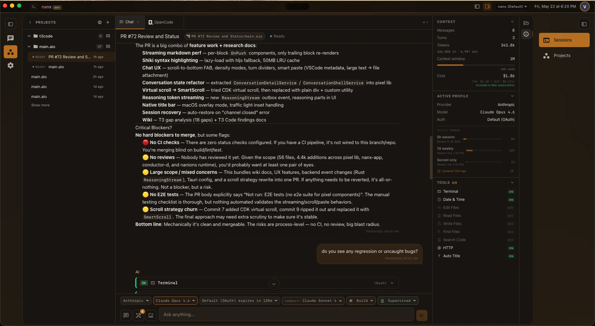 A Surkyl workspace showing a named AI entity, its tools, model controls, and work context